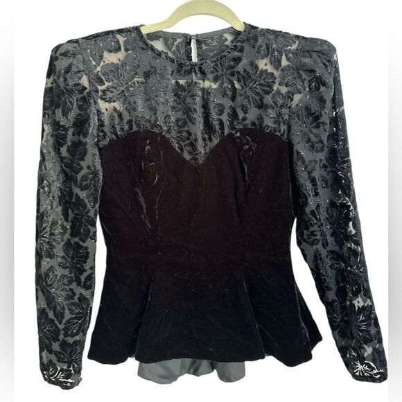 VTG Algo Boutique Velvet Peplum Blouse Sheer Floral Sleeves Sweetheart Size 9 - Picture 1 of 13